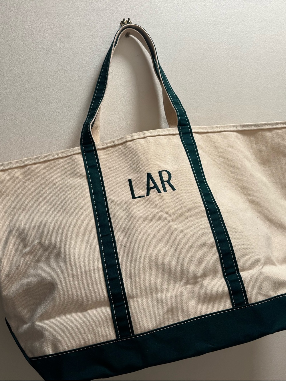 Vintage LL Bean Boat & Tote Bag White/Green Canvas XL 26” x 16” “LAR”